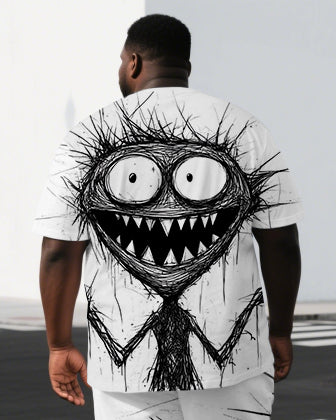 Men's Scribbled Elf Cartoon Back Print Big & Tall Summer Cool Short-Sleeve T-shirt Shorts Set
