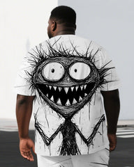 Men's Scribbled Elf Cartoon Back Print Big & Tall Summer Cool Short-Sleeve T-shirt Shorts Set