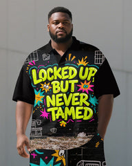 Big Men's Funny Lettering Cartoon Prison Streetwear Short Sleeve Polo Shirt Shorts Set