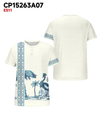 Men's Plus Size Hawaiian Blue Peacock Print Henry Collar Button Short Sleeve Tee