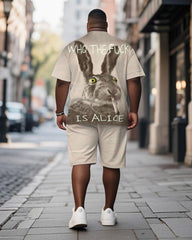 Men's Plus Size Khaki Fun Bunny Print Short Sleeve T-Shirt Shorts Suit