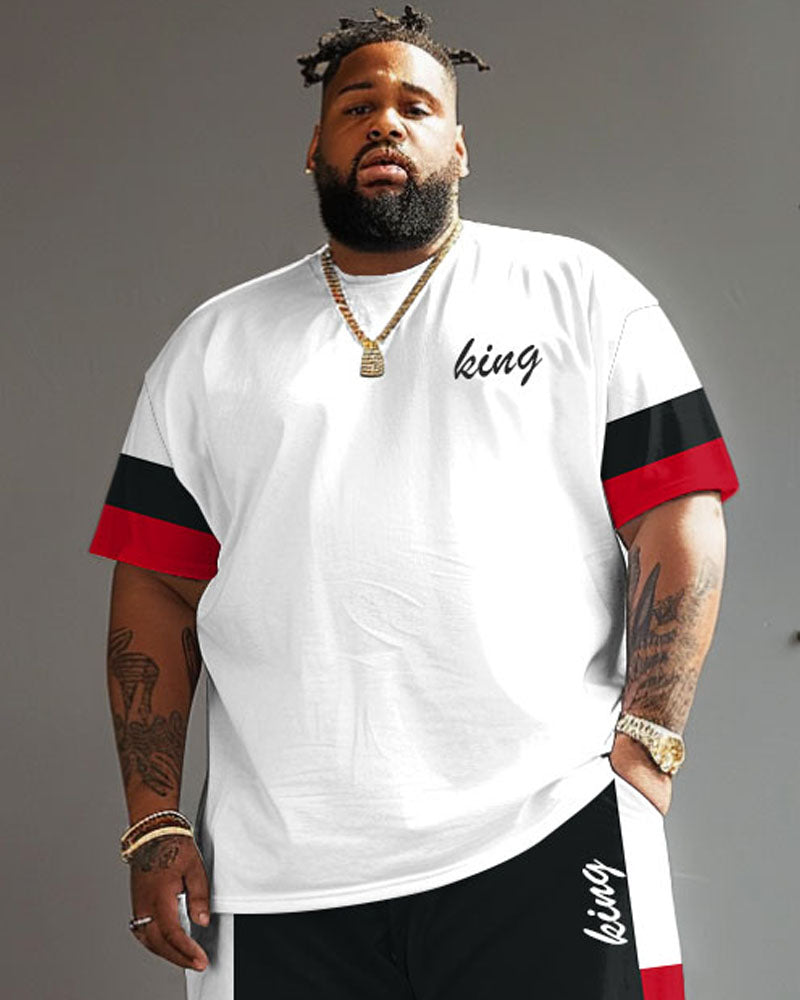 Big Guys Casual Simple Red And Black Color Block King Printed T-Shirt Shorts Set