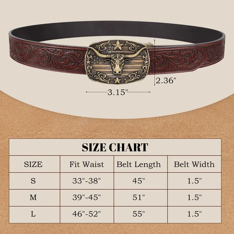 Unisex Western Cow Hide Embossed Leather Ratchet Belt with Automatic Buckle