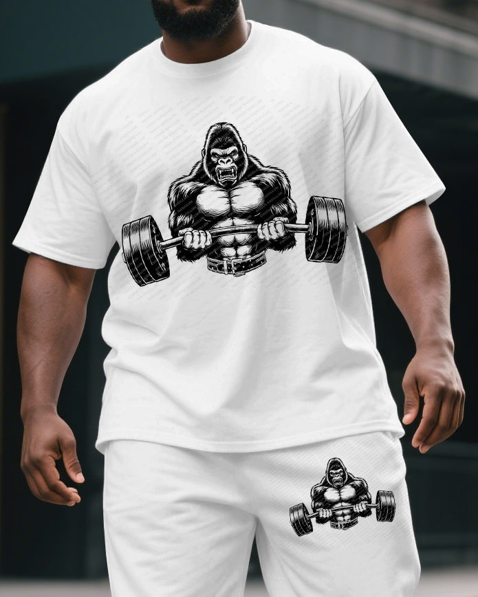Big & Tall Men's Street Fashion Dumbbell Gorillas Print Casual Short-Sleeved T-shirt and Short Set