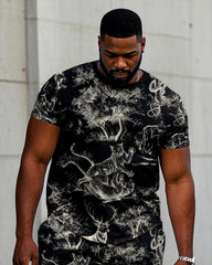 Big & Tall Men Black Animal Forest Full Size Printed Loose Round Neck Short Sleeve T-Shirt Shorts Suit