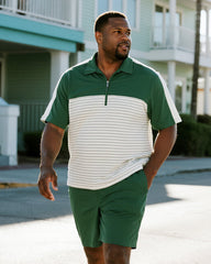 Big & Tall Men's Business Green Patchwork Stripe Printed Short Sleeve Zipper Polo Shirt Shorts Suit