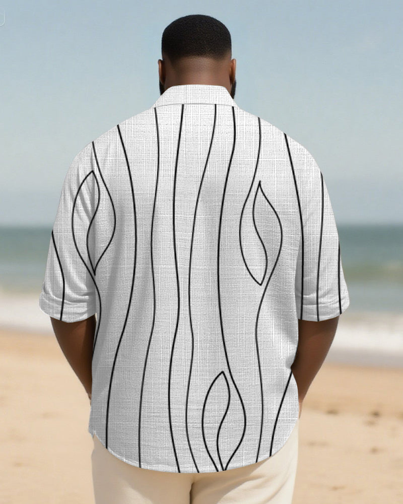 Big & Tall Men's Daily Black And White Irregular Stripe Print Long Sleeve Bamboo Hemp Texture Shirt