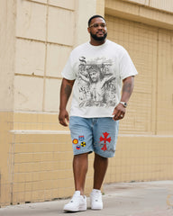 Big & Tall Men's Fashion Street Faith Jesus Short Sleeve T-Shirt Shorts Denim Suit