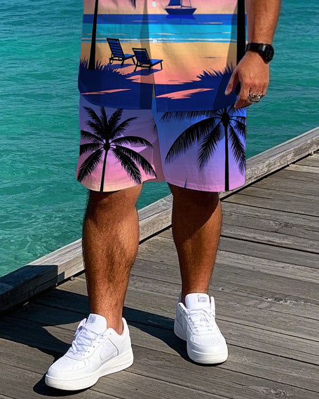 Big Men's Romantic Hawaiian Seaside Gradient Scene Printed Casual Short Sleeve Shirt Shorts Set