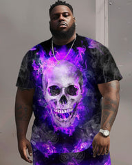 Big Men's Burning Skull Print T-Shirt and Shorts Casual Set
