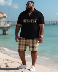 Big Guys Casual Simple Plaid Letter Print Polo Shirt Shorts Set