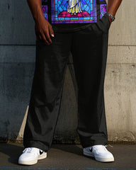 Big Men's Outdoor Retro Mural Savior Printed 2-Piece Short Sleeve T-shirt Pants Set