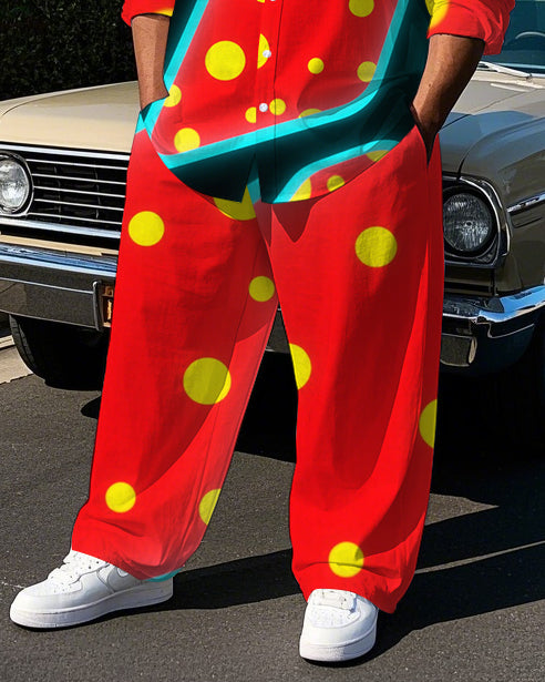 Men's Artistic Stripes Polka Dot Printed Casual Big and Tall Long Sleeve Shirt Pants Set