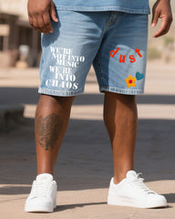 Big & Tall Men's Western-style Printed Short-sleeved Collage Shorts Denim Suit