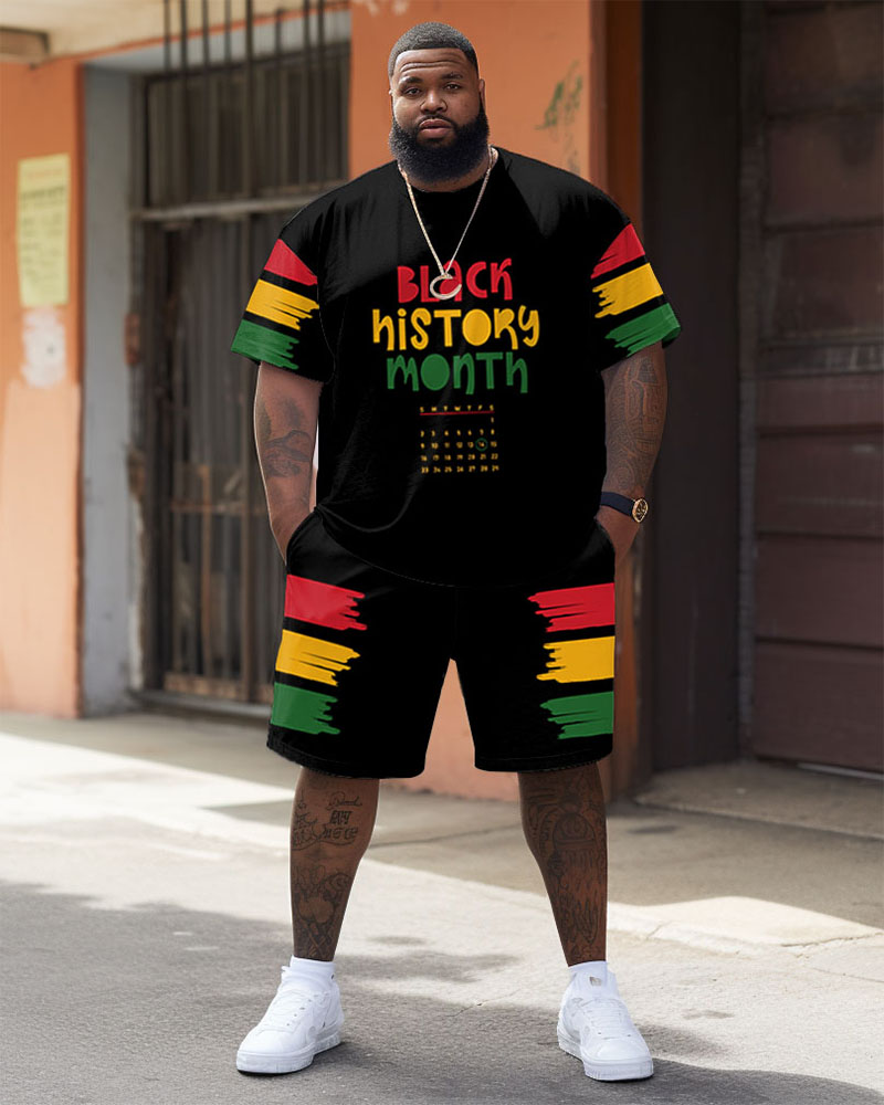 Men's Plus Size Juneteenth Black History Month Date Printed T-Shirt Shorts Suit
