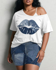 Women's Plus Size Daily Casual Lips Denim Print Short Sleeve Shorts Suit