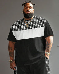 Big Men's Casual Simple Houndstooth Patchwork Printed T-Shirt Shorts Set