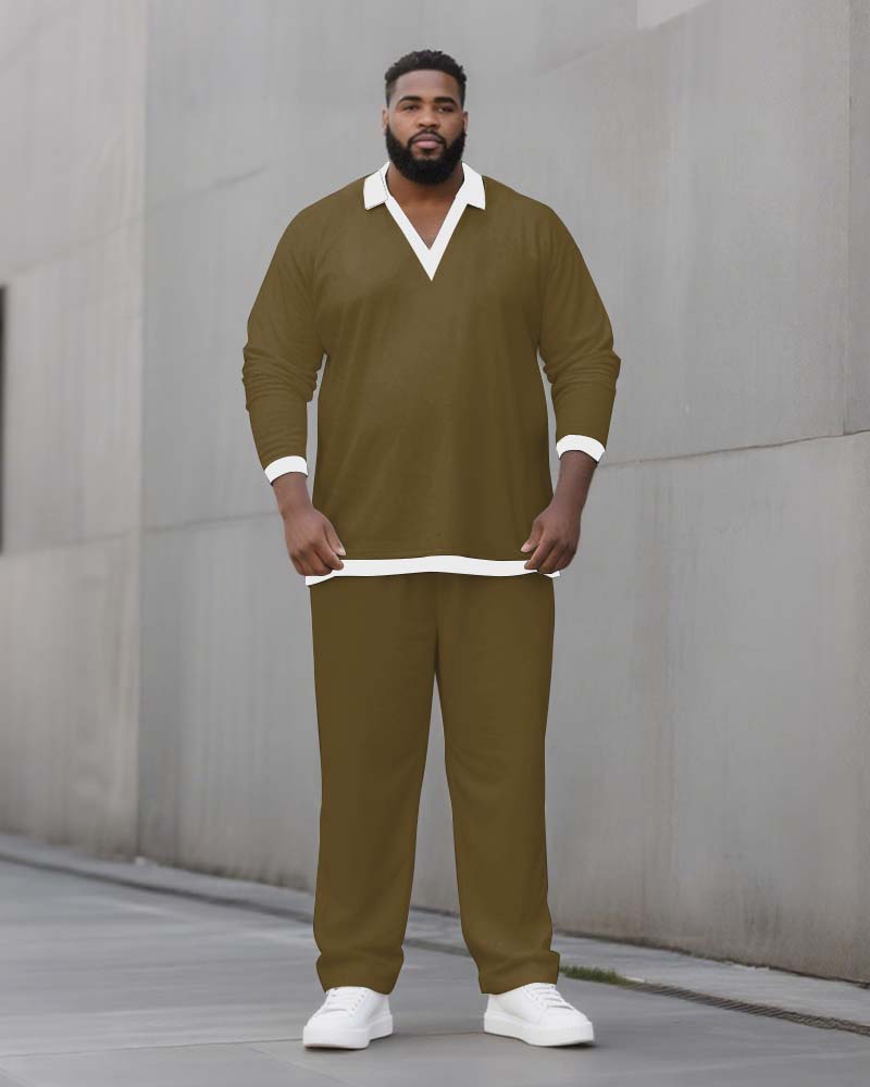 Big & Tall Men's Solid Color POLO V-Neck Long Sleeve Pants Two-Piece Set