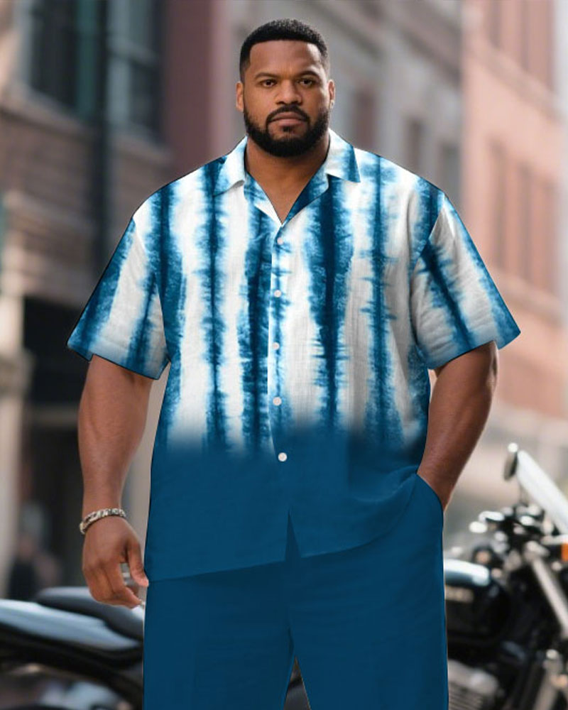 Men's Plus Size Handmade Environmental Tie-Dye Blue Short Sleeve Shirt Pants Suit