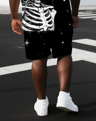 Men's Casual Skull Illustration Back Print Big & Tall Breathable Short-Sleeve T-shirt Shorts Set