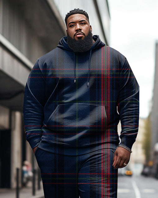 Men's Large Size Diamond Color Block Check Casual Hoodie and Sweatpants Two Piece Set