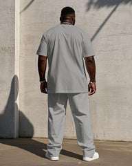 Men's Big & Tall Grey & White Casual Print Short Sleeve T-Shirt Trousers Set