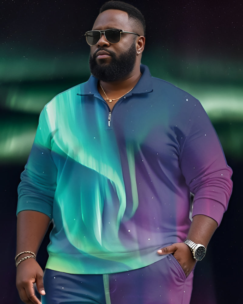 Men's Plus Size Aurora Borealis Long Sleeve Polo Shirt and Pants Set