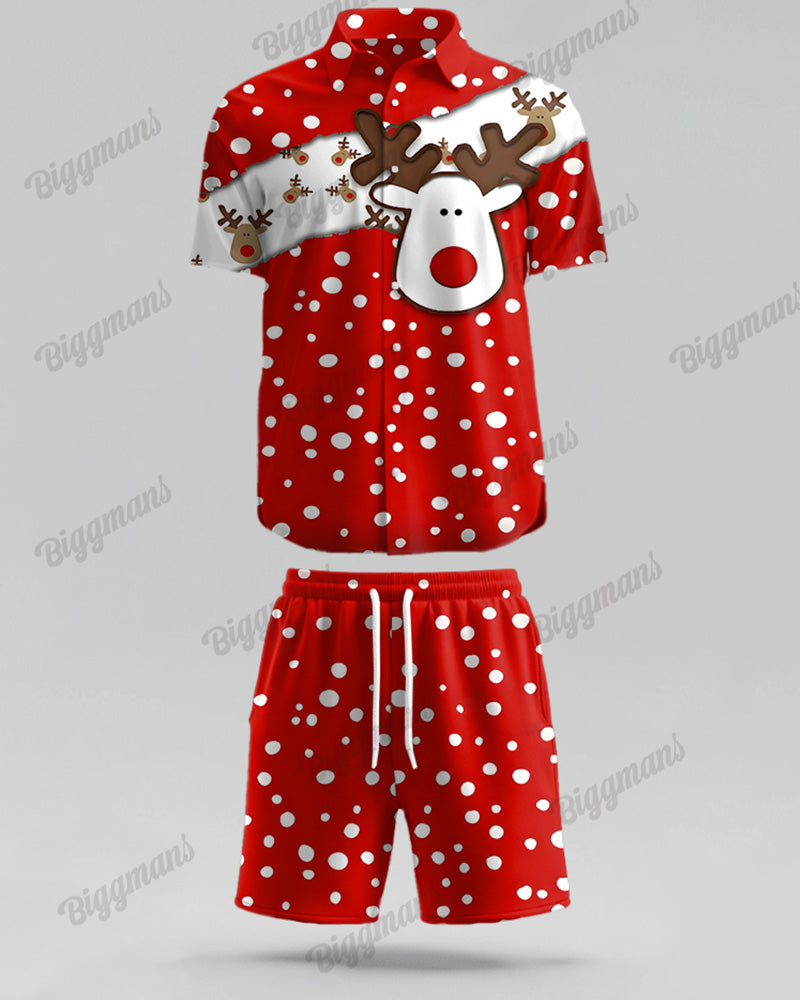 Men's Plus Size Christmas Red Elk Polka Dot Print Short Sleeve Shirt Shorts Suit