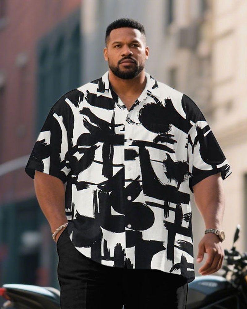 Men's Plus Size Black & White Graffiti Business Short Sleeve Shirt Pants Suit