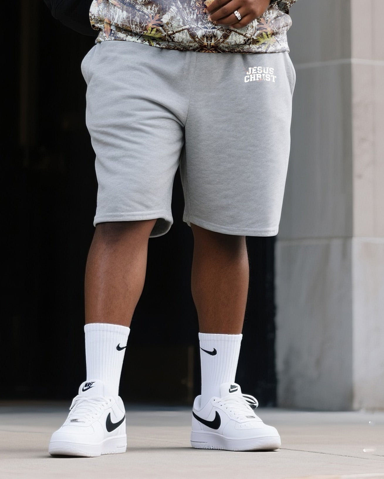 Big & Tall Men's Daily Leisure. Original Design Academy Style JESUS CHRIST Camouflage. Camouflage Hoodie Shorts Suit