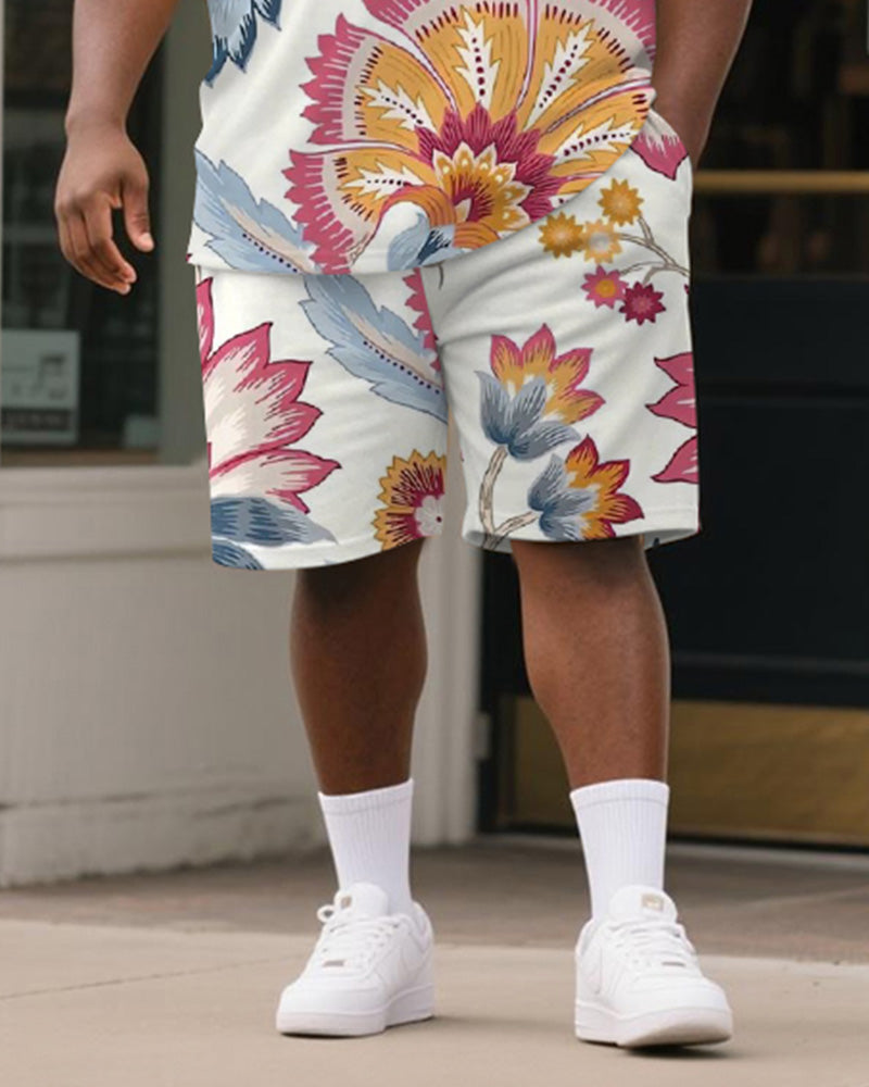 Big & Tall Men's White Floral Print Round Neck Short Sleeve T-Shirt Shorts Suit