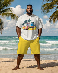 Big & Tall Men's Hawaiian Yellow Coconut Beach Graffiti Print Round Neck Short Sleeve T-Shirt Shorts Suit