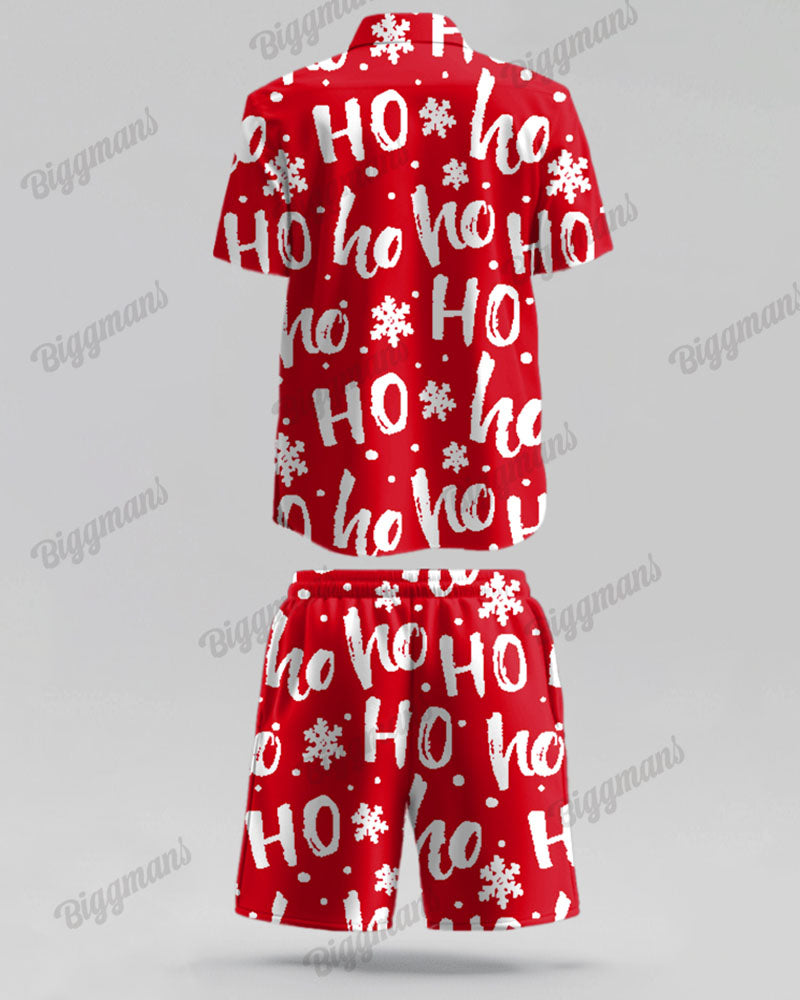 Big Men's Christmas Red Cartoon Letter Print Short Sleeve Shirt Shorts Set