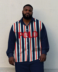 Men's Simple Regular Vertical Stripe & POLO Letter Printed Big & Tall Long Sleeve Shirt Pants Set
