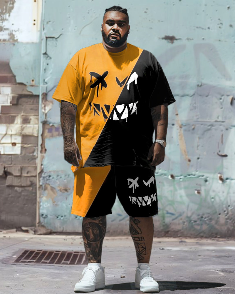 Printed Men's Plus Size Simple Color Matching Smiley Face Pattern Printed T-shirt Shorts Suit