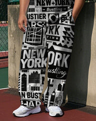 Men's Street Fashion Newspaper NEW YORK Printed Big & Tall Short Sleeve T-shirt Pants Set