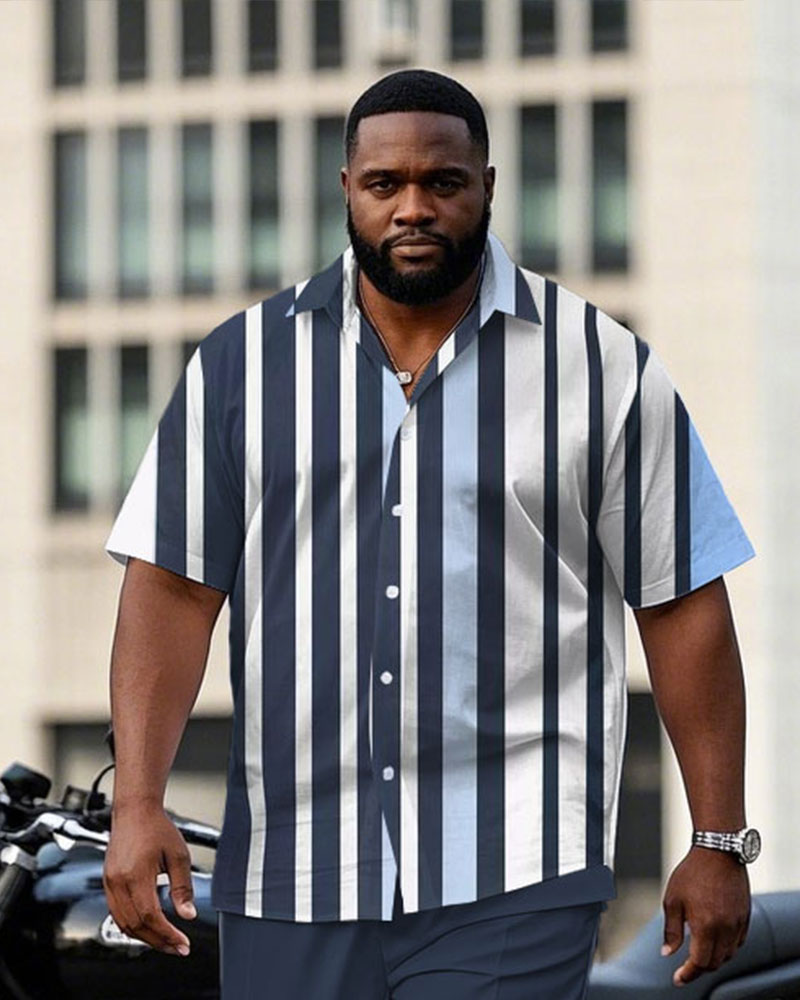 Men's Plus Size Fashion Business Blue Striped Contrast Short Sleeve Shirt Trousers Suit