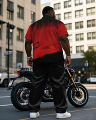Men's Plus Size Black & Red Personality Ink Short-sleeved Shirt Pants Suit