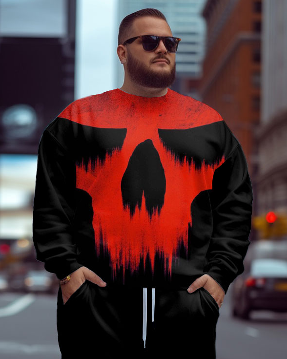Men's Plus-size Skull On Fire Print Sweater Two-piece Set