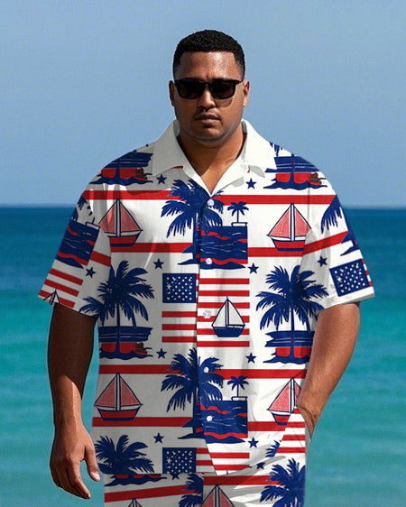 Big Men's Casual Flag Inspired Hawaii Coconut Trees & Sailboat Printed Short Sleeve Shirt Shorts Set