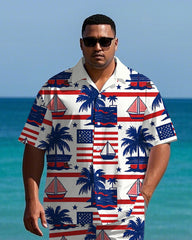 Big Men's Casual Flag Inspired Hawaii Coconut Trees & Sailboat Printed Short Sleeve Shirt Shorts Set