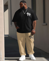 Big Men's Casual Simple Cross Faith Print Short Sleeve Trousers Set