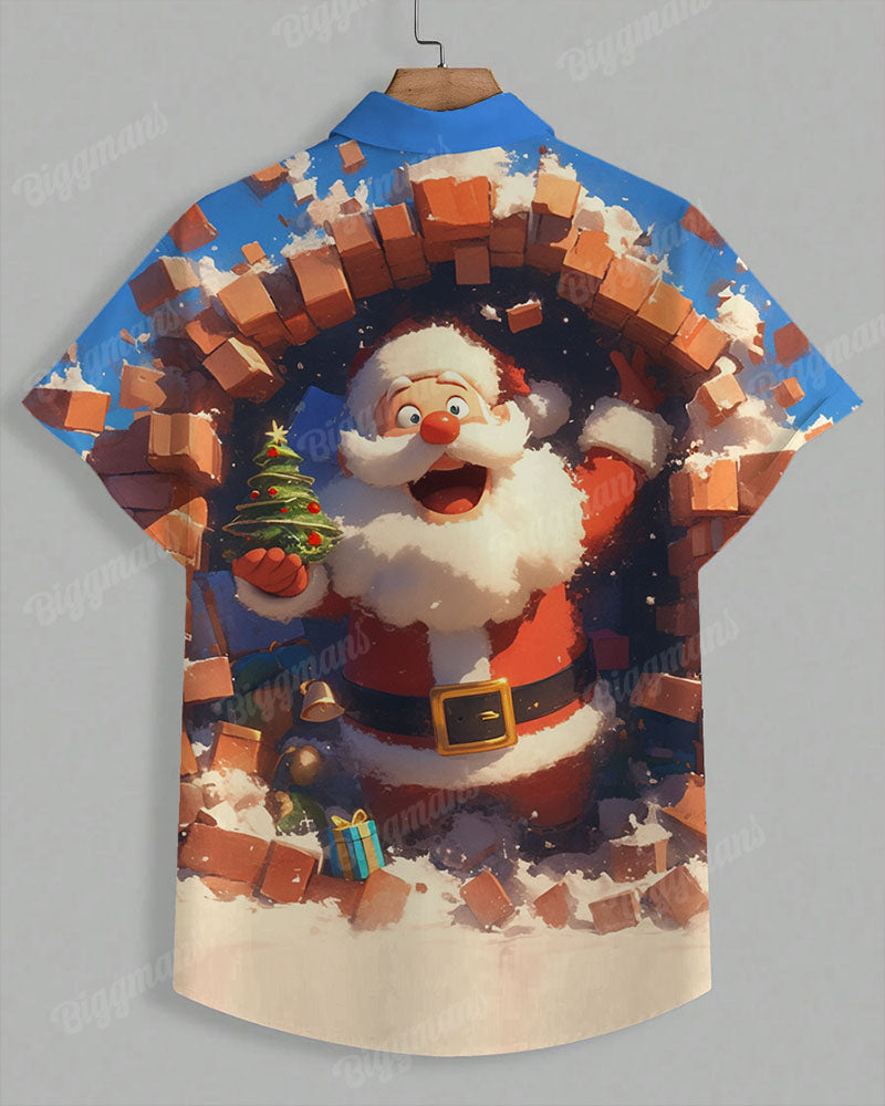 Men's Plus Size Santa Claus Holding Christmas Tree Cartoon Print Short Sleeve Shirt