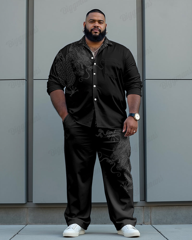 Chest Pocket Dragon Jacquard Long Sleeve Lapel Shirt 2-Piece Set Men's Plus Size