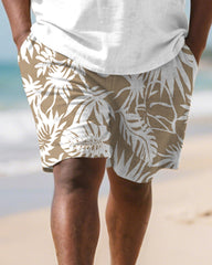 Men's Plus Size Hawaiian Khaki Coconut Print Round Neck Short Sleeve T-Shirt Shorts Suit