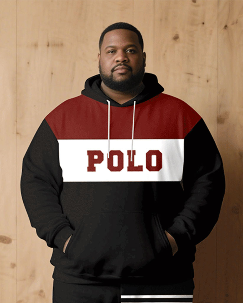 Big & Tall Men Fall/Winter Casual Black & Red & White Contrast Patchwork Letters Casual Printed Hoodie Suit