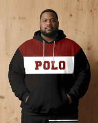 Big & Tall Men Fall/Winter Casual Black & Red & White Contrast Patchwork Letters Casual Printed Hoodie Suit