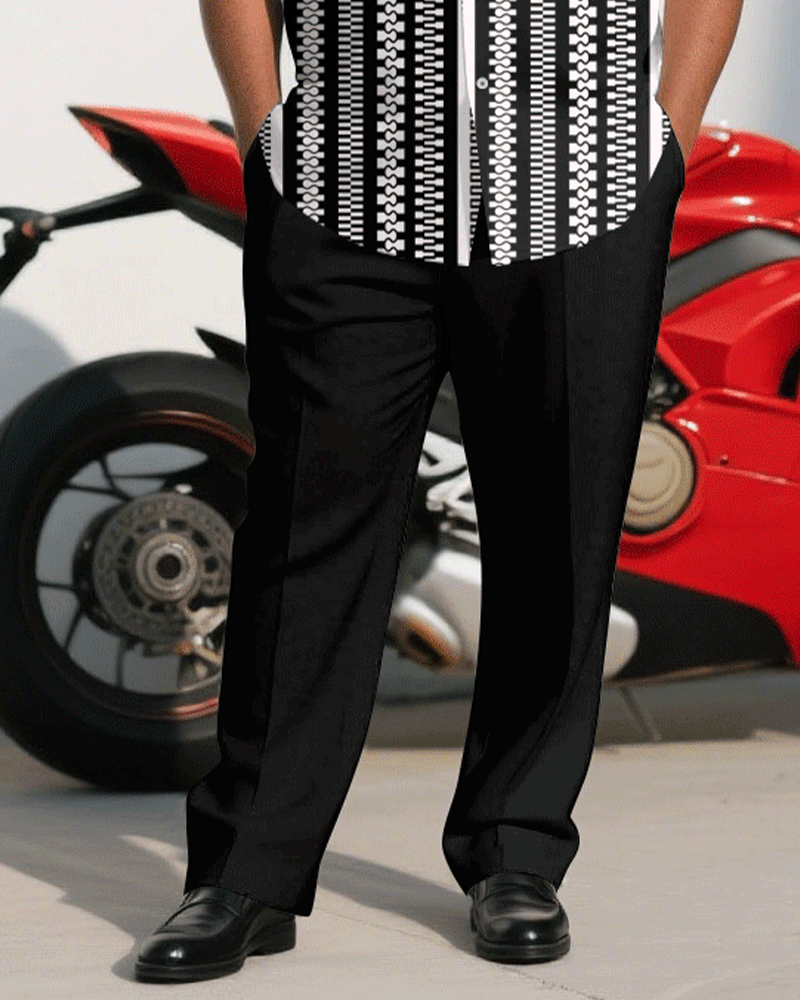 Big & Tall Men's Business Black & White Geometric Short Sleeve Shirt Trousers Suit