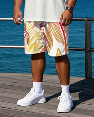 Men's Big Size Hawaii Style Palm Leaf Stripe Printed Daily Casual Short Sleeve Polo Shirt Shorts Set