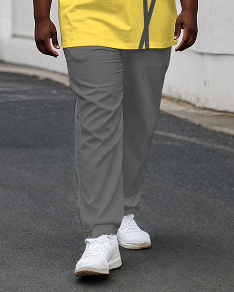 Men's Plus Size Yellow Grey Colorblock Stripe Geometric Print Henry Collar T-Shirt Trousers Suit